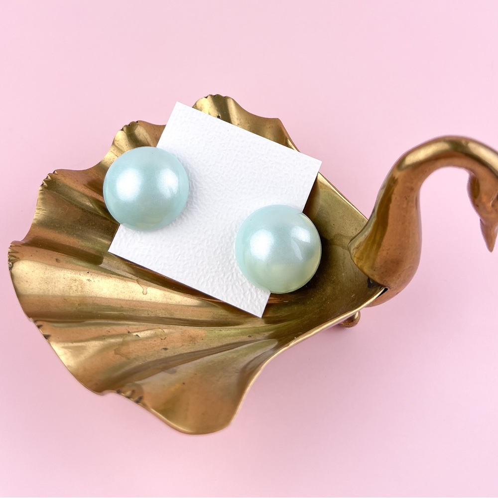 Vintage 80s Green Faux Pearl Large Bold Statement Clip On Earrings